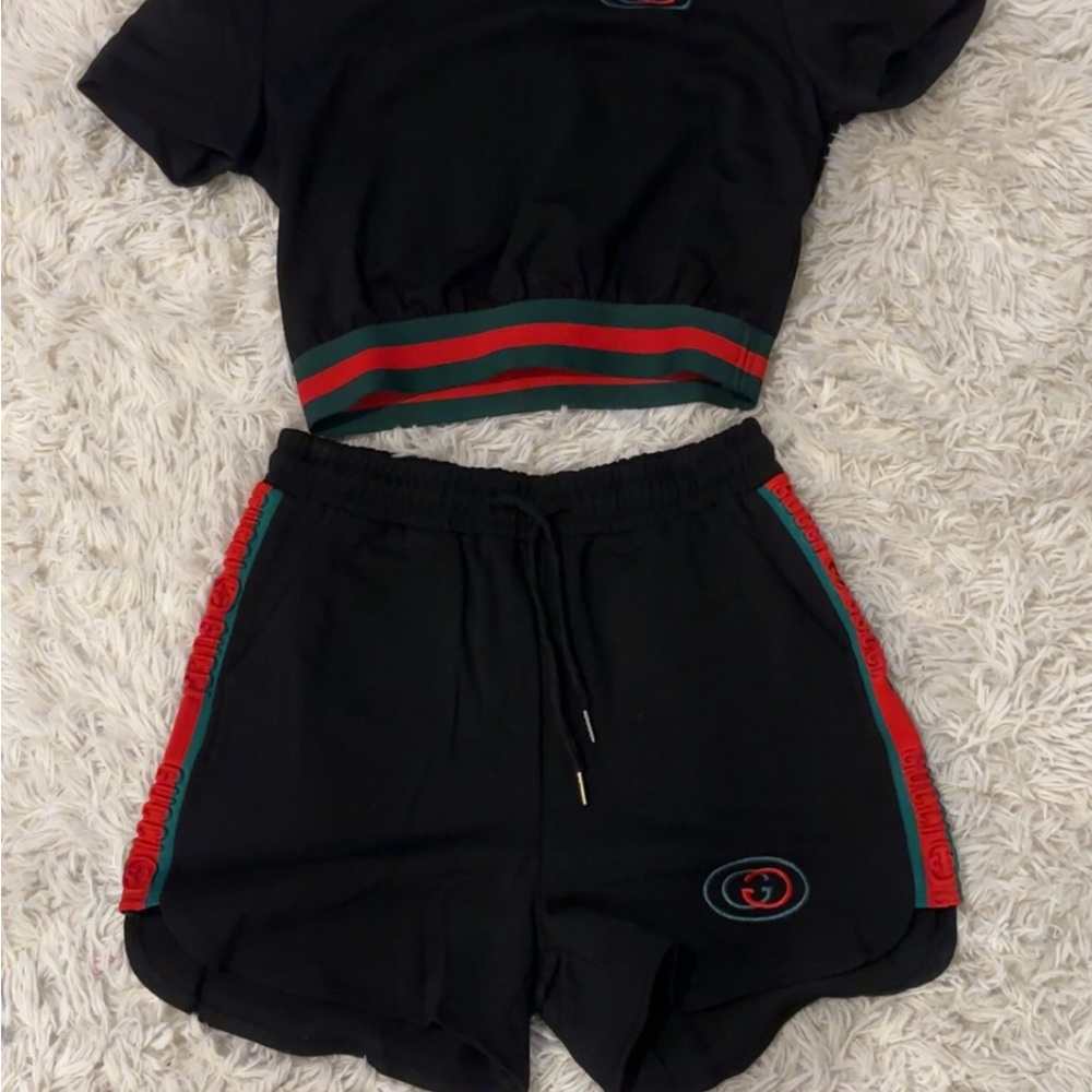 Black Two-Piece Set with Red and Green Stripes